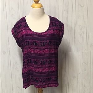 Pink Rose Magenta Elephant Print Blouse Size M